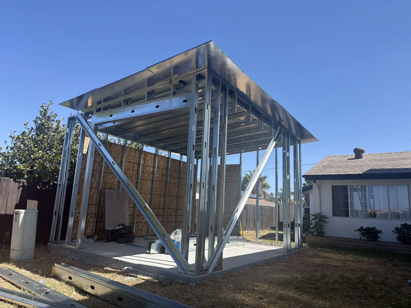 Galvanized commercial steel frame under construction in San Diego County